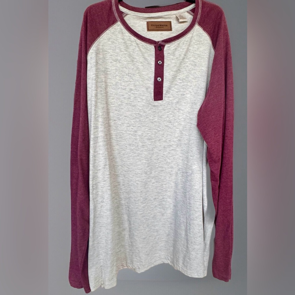 Clearwater Outfitters Long Sleeve Henley Neck Cotton Blend Shirt Gray/Maroon XL